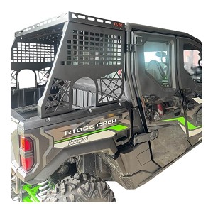 AJK Offroad aluminum bed rack mounted on Kawasaki Ridge, showing modular design and molle compatibility 