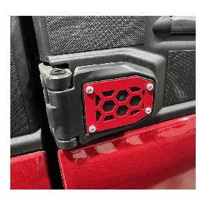 AJK Offroad red door hinge accent set installed on Polaris Ranger 1500XD 