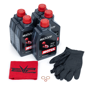 EVP Motul CVTF Oil Change Kit for Polaris Ranger 1500 transmission, showing Motul Multi CVTF bottles and included parts. 
