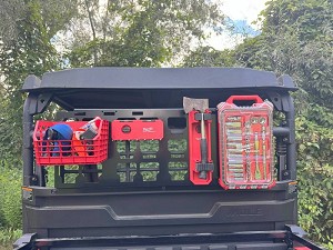 A view of the cargo rack installed on a Kawasaki Mule PRO-MX with a Milwaukee PACKOUT box mounted 